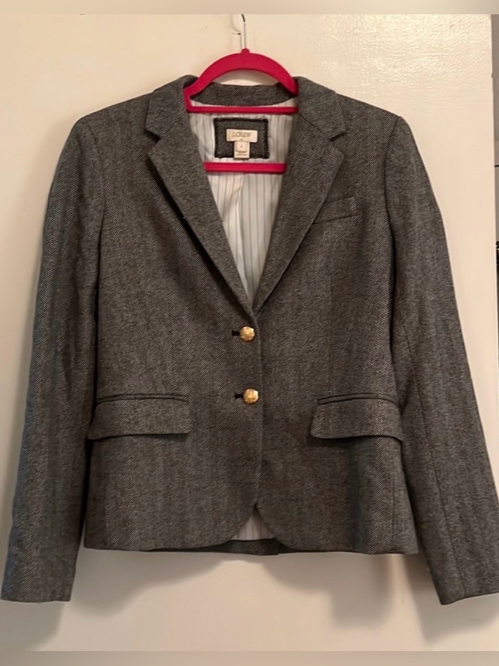 J.Crew Herringbone Blazer Gray Wool Gold Button Women’s Size 6